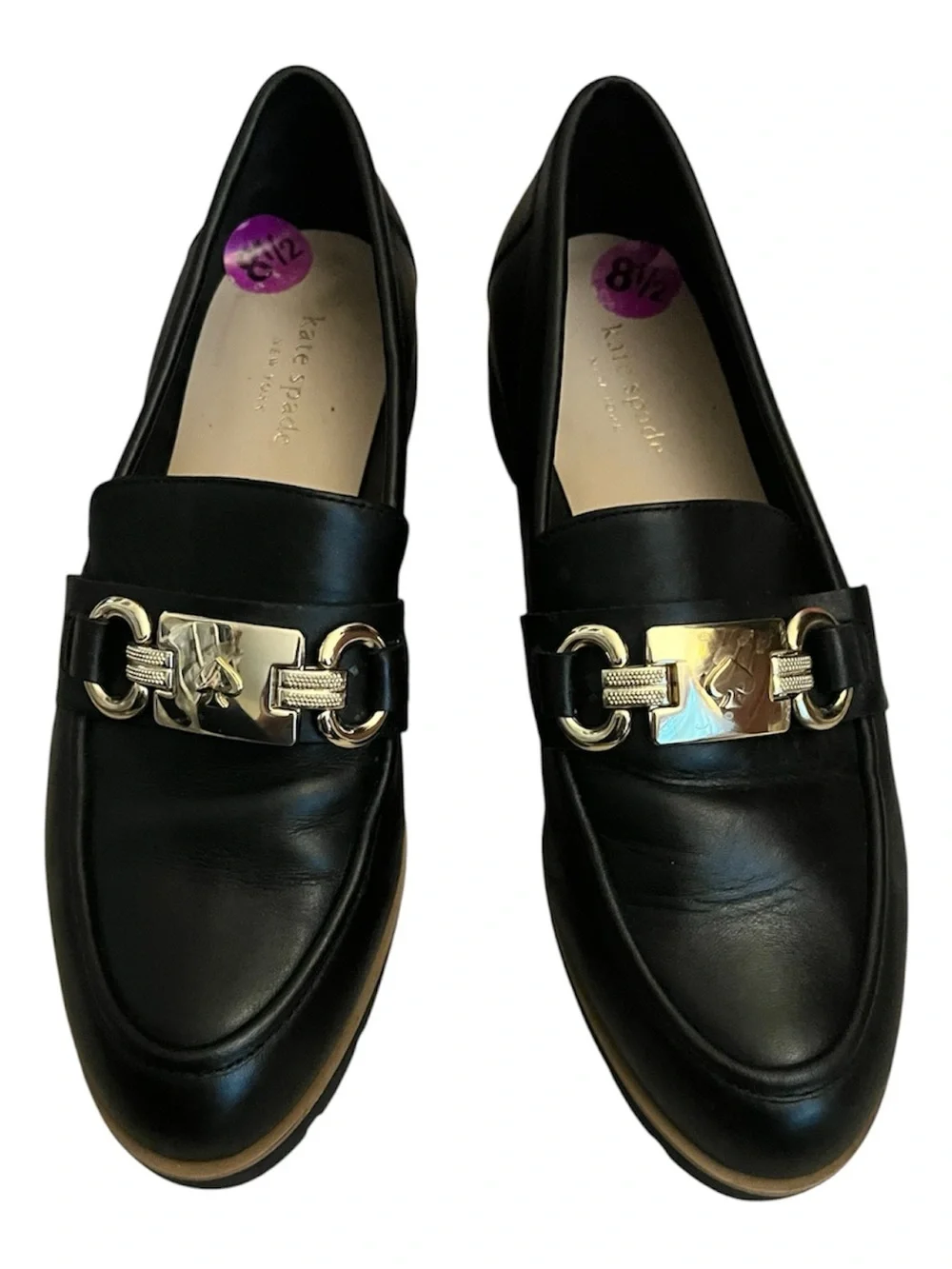 kate spade Kolby Black Leather Loafer with Gold Chain Accent 8.5